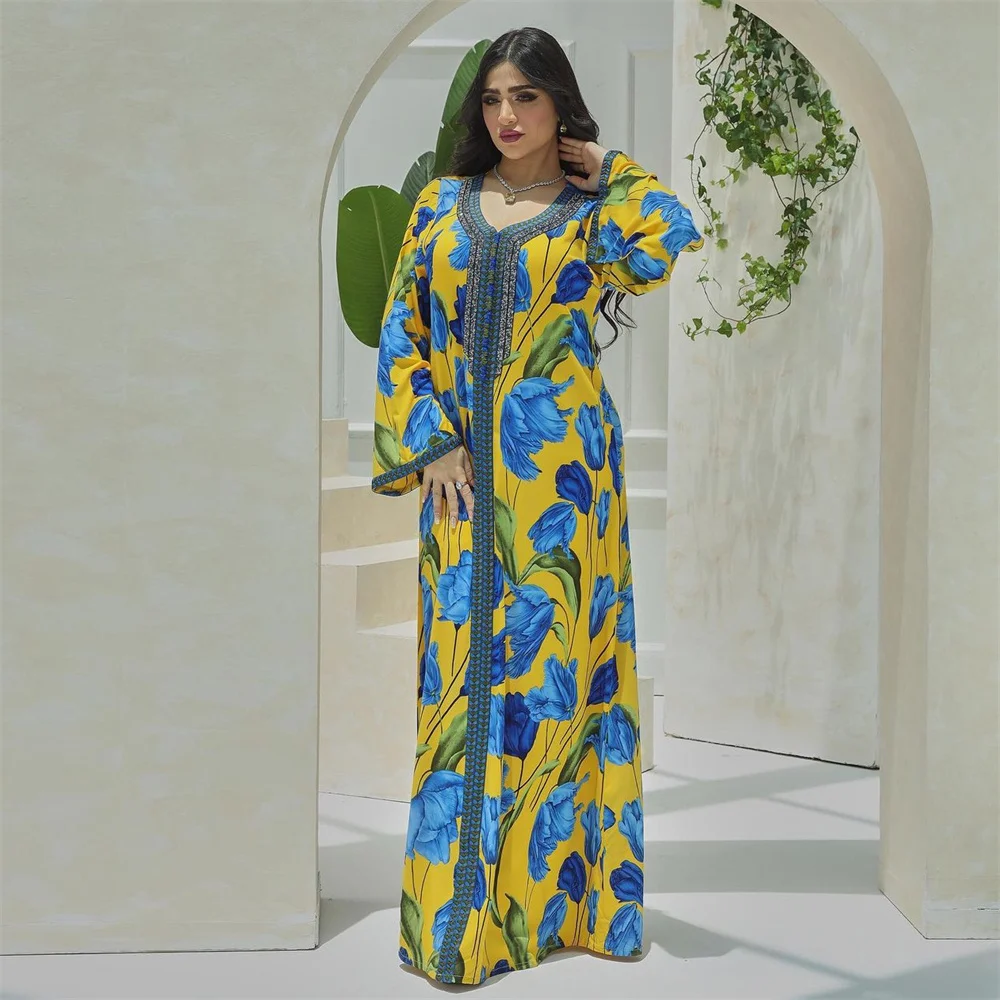 

Abaya Elegant Ethnic Print Maxi Dress For Women Spring Autumn 2024 Muslim Jalabiya Dubai Turkey Moroccan Caftan Femme Clothes