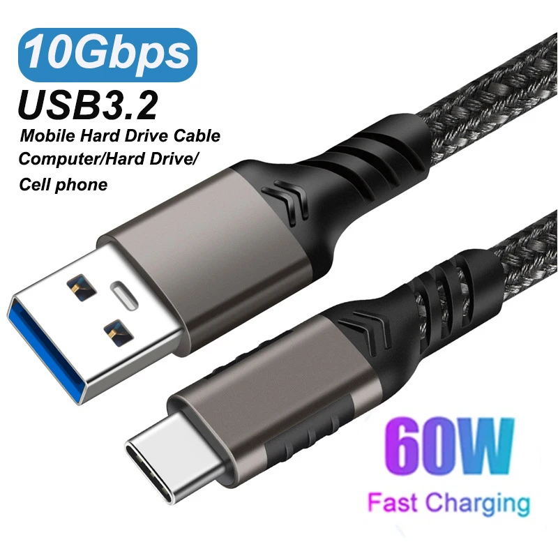 USB3.2 Gen2 10Gbps Cable USB A to C Cable 3A 60W QC3.0 Fast Charging for Samsung NVMe Hard Disk External Android Data 1m 2m Cord