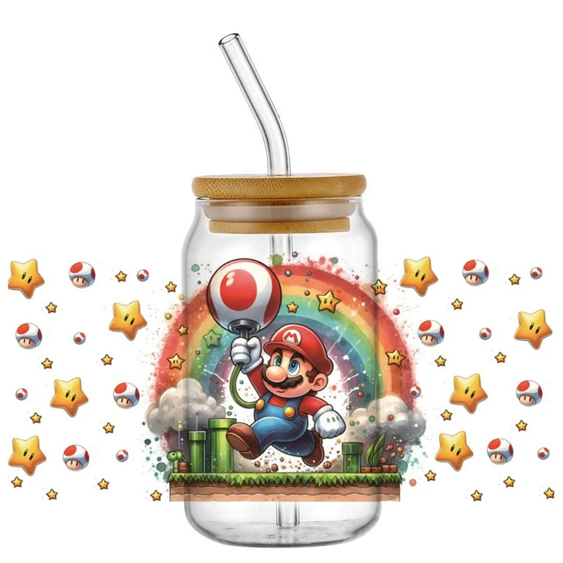 Miniso Mario Cartoon Game Pattern UV DTF Transfer Sticker Waterproof Transfers Decals For 16oz Glass Cup Wrap Stickers