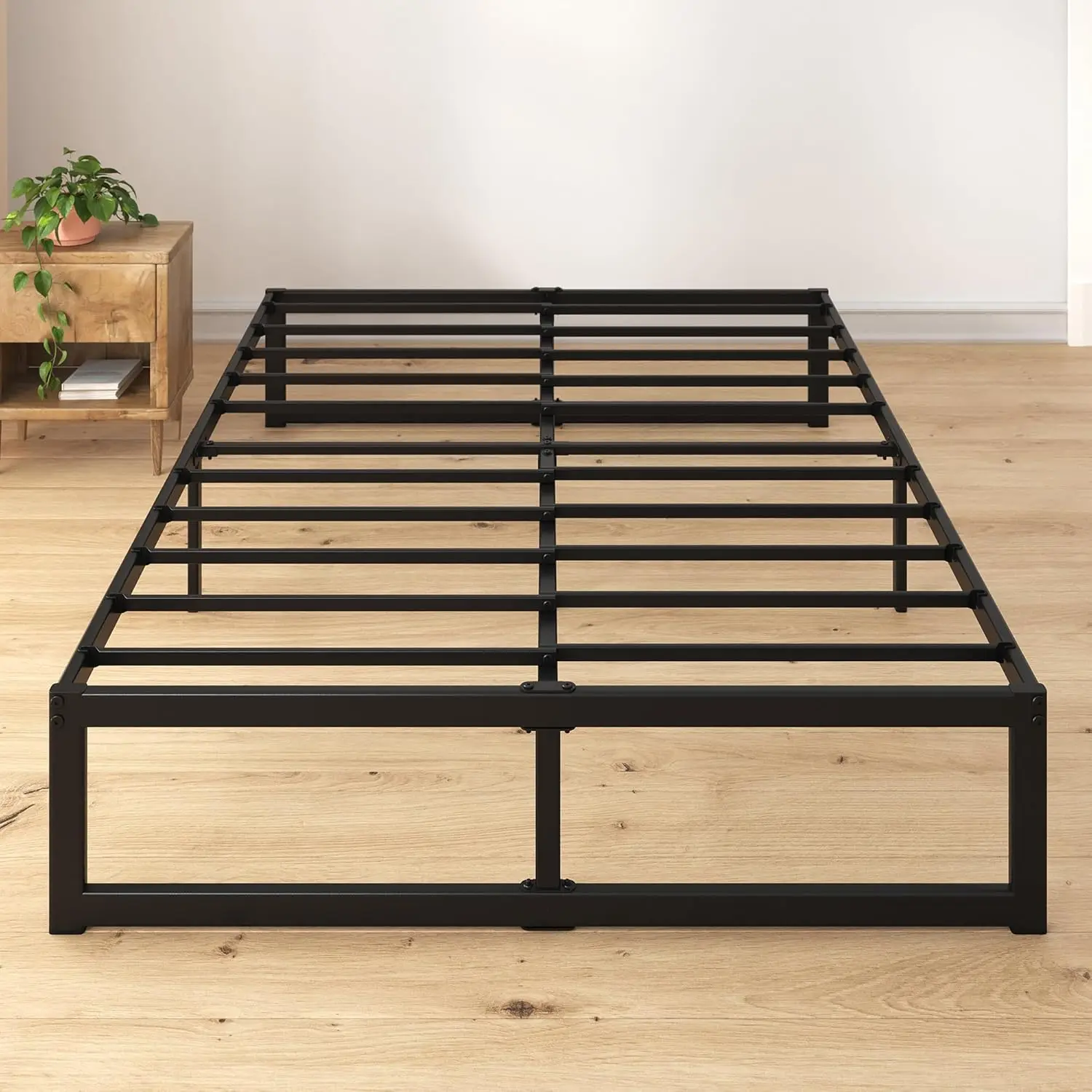 

14 Inch Platform Bed Frame, Steel Slat Support, Easy Assembly, No Box Spring Needed, Eco Friendly WonderBox(TM) Packaging, Black