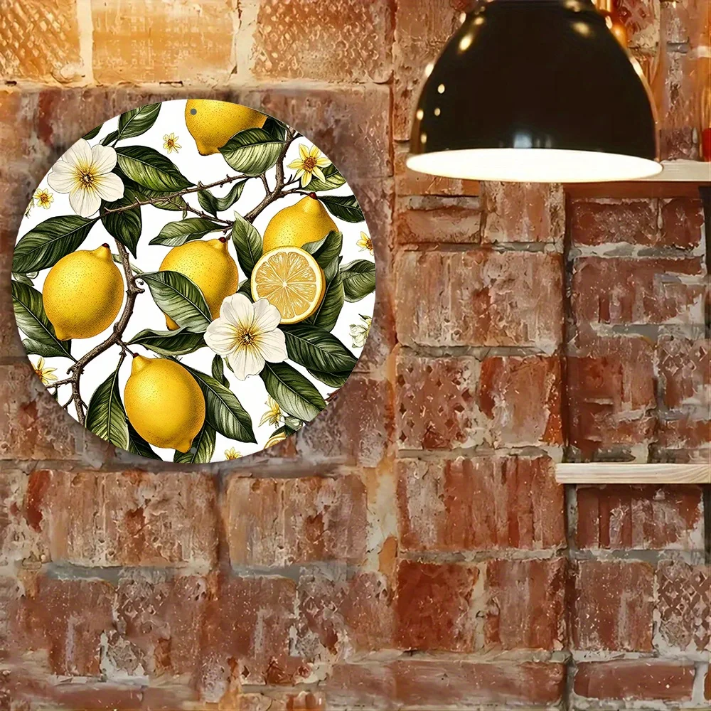 2D Flat, [2D Flat] 2D Flat Print 1pc Metal Iron Sign.A Plate with Lemons And Flowers on a Tree Branch. Wreath Sign, 8-Inch, Roun