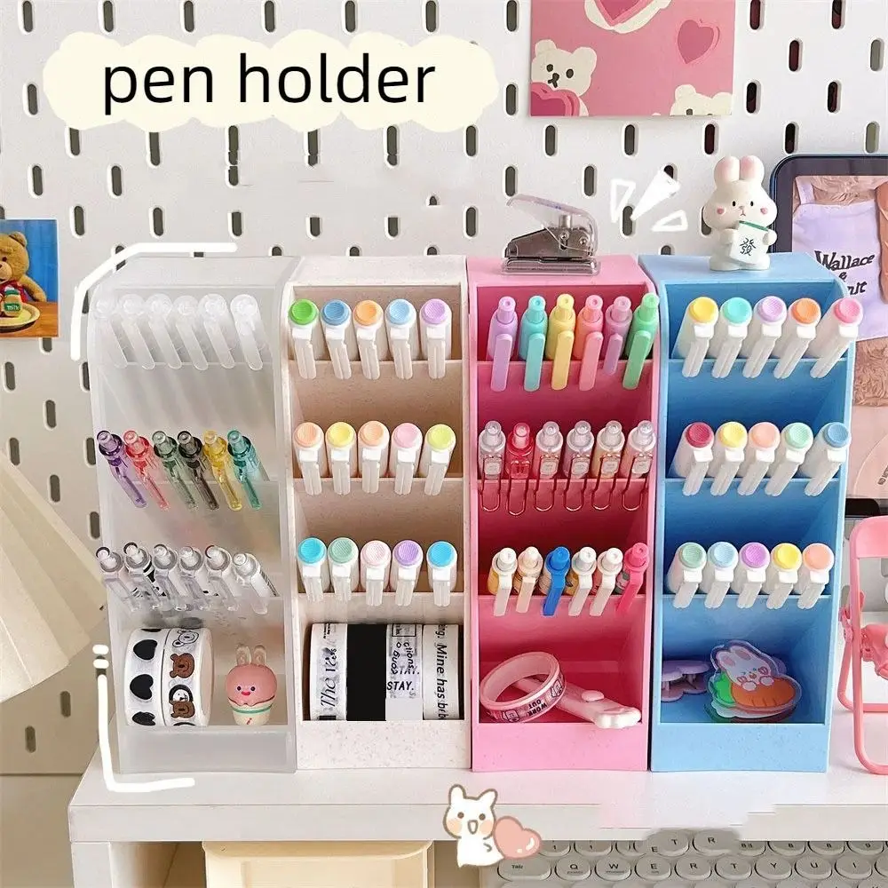 4 Grids Oblique Pen Holder Desk Stationery Storage Large Capacity Pencil Container Macaron Color INS Style Makeup Brush Box