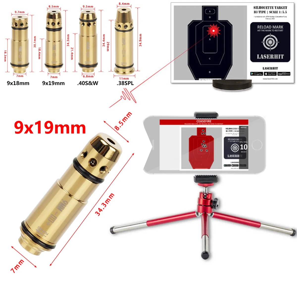 9x19mm/380ACP/40S&W/223Rem Laser Training Bullet Dry Fire Laser Trainer Cartridge Tactical Red Dot Laser Training Bore Sight view 2