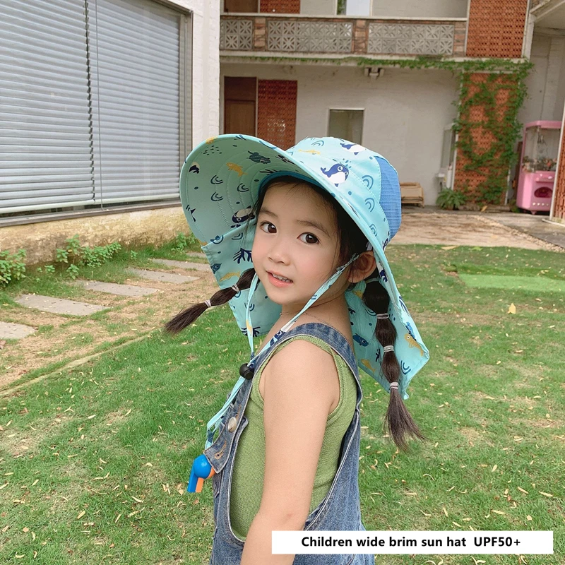 Summer Kids Sun Hat With Neck Flap Strap Wide Brim Beach Hats Kids Bucket Hat UV Protection Panama Cap For Boys Girls Outdoor