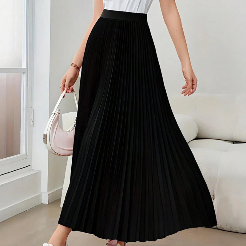 

Summer All-Match Pleated A-Line Skirts for Women Elegant Solid Woman Long Skirts Large-Swing Umbrella Black Skirt for Women