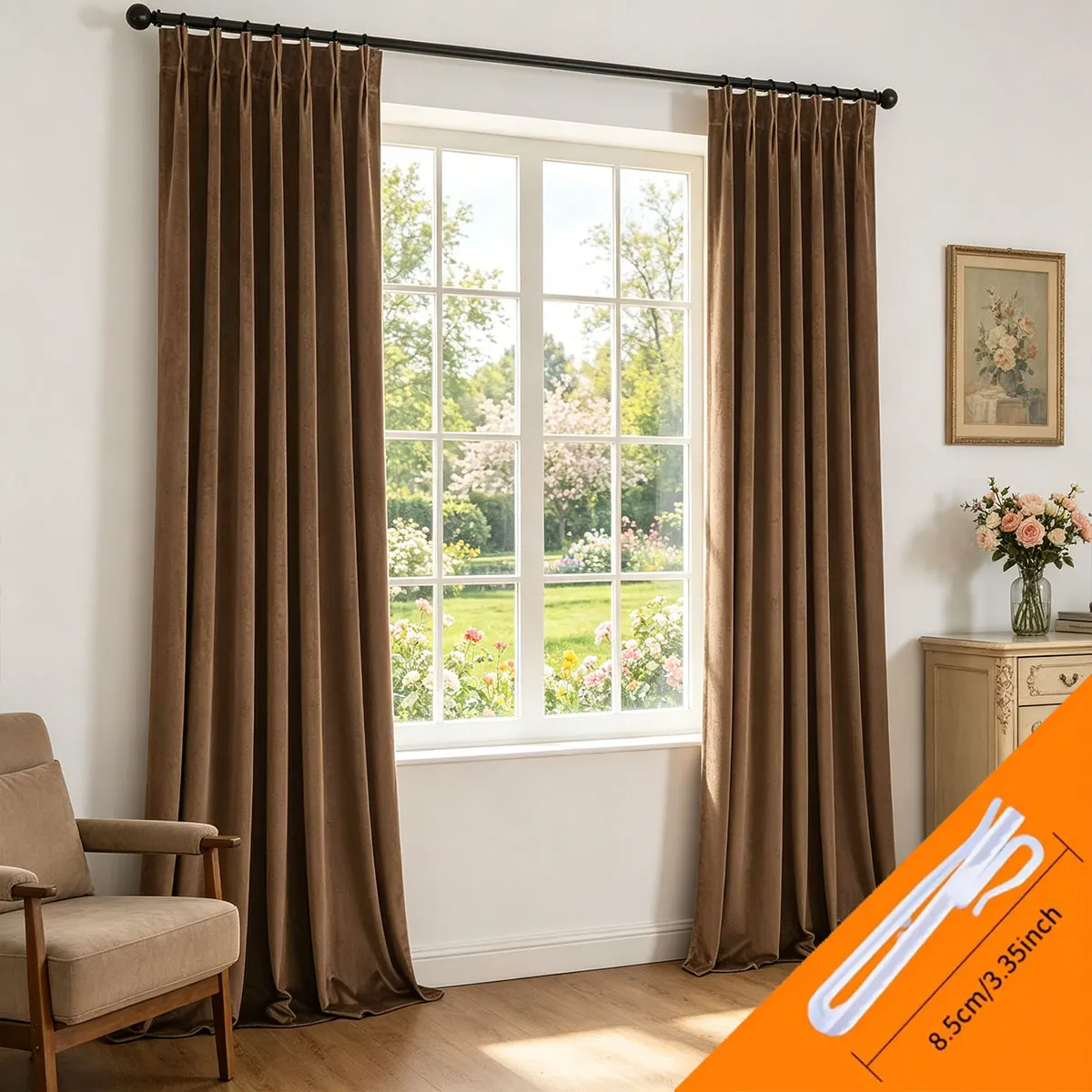 

Solid Color Brown Velvet Curtains, Noise Reducing Semi-Blackout Window Drapes for Home Decor