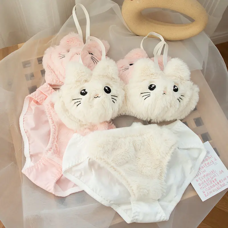 

Japanese Kawaii Plush Women Bra Set Cute Girl Cat Comfortable Bra Set Cartoon Underwear Lovely Soft Student Lingerie