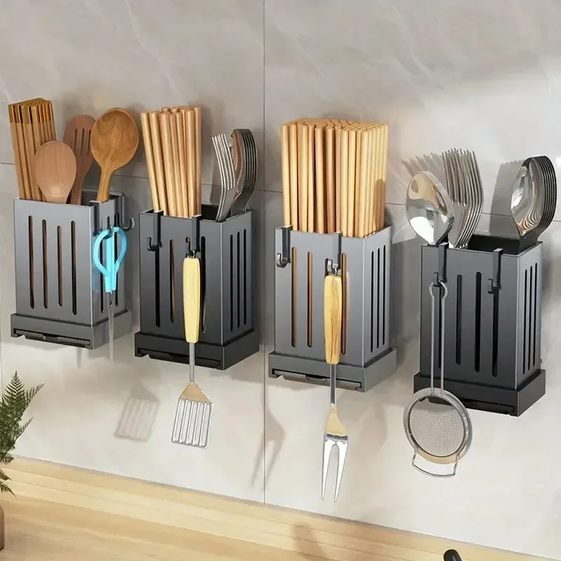 1pc Kitchen Chopsticks Holder Multifunctional Hanging Utensil Drying Rack Hooks No Drilling Wall Mounted Spoon Fork Holders image 2