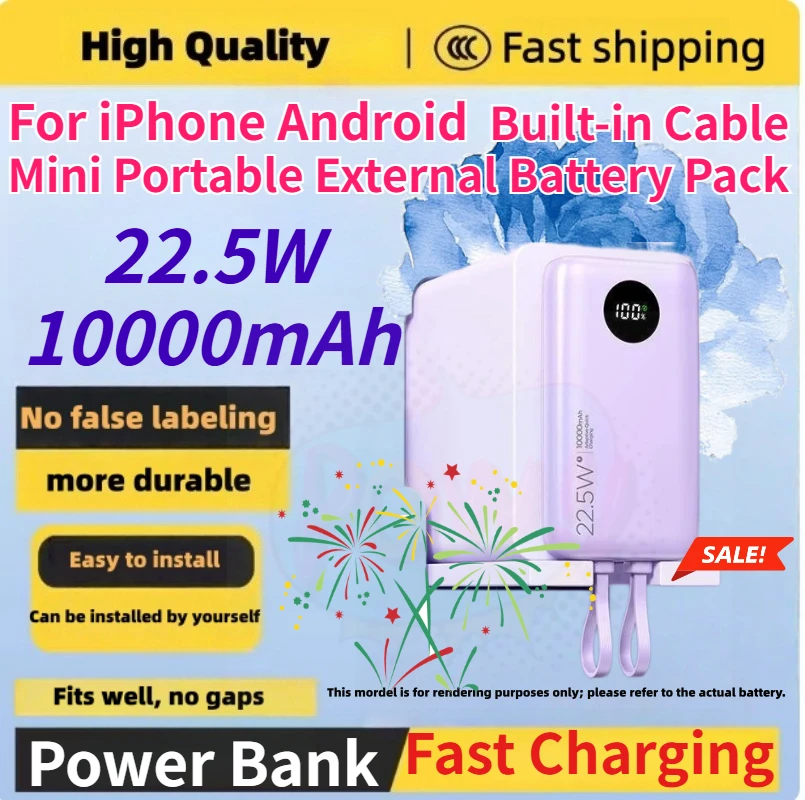 

New 10000mAh 22.5W PD Fast Charging Power Bank Built-in Cable Mini Portable External Battery Pack for IPhone Android