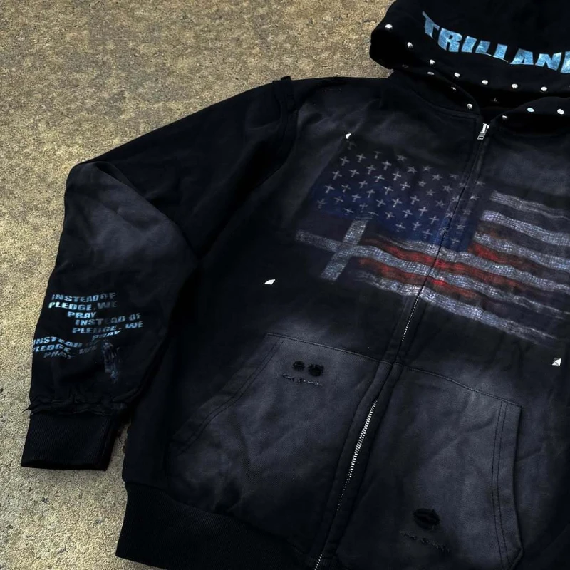 High Street Y2K Washed Worn Hooded Sweatshirt European American Willow Nail Metal Decoration Autumn Winter Streetwear Outerwear