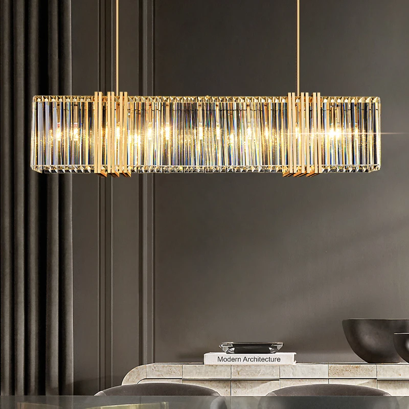 

Modern Lustre E14 Led Pendant Lights Dining Table Straight Steel Pendant Lamp K9 Crystal Chandelier Lighting Luxury Hanging Lamp