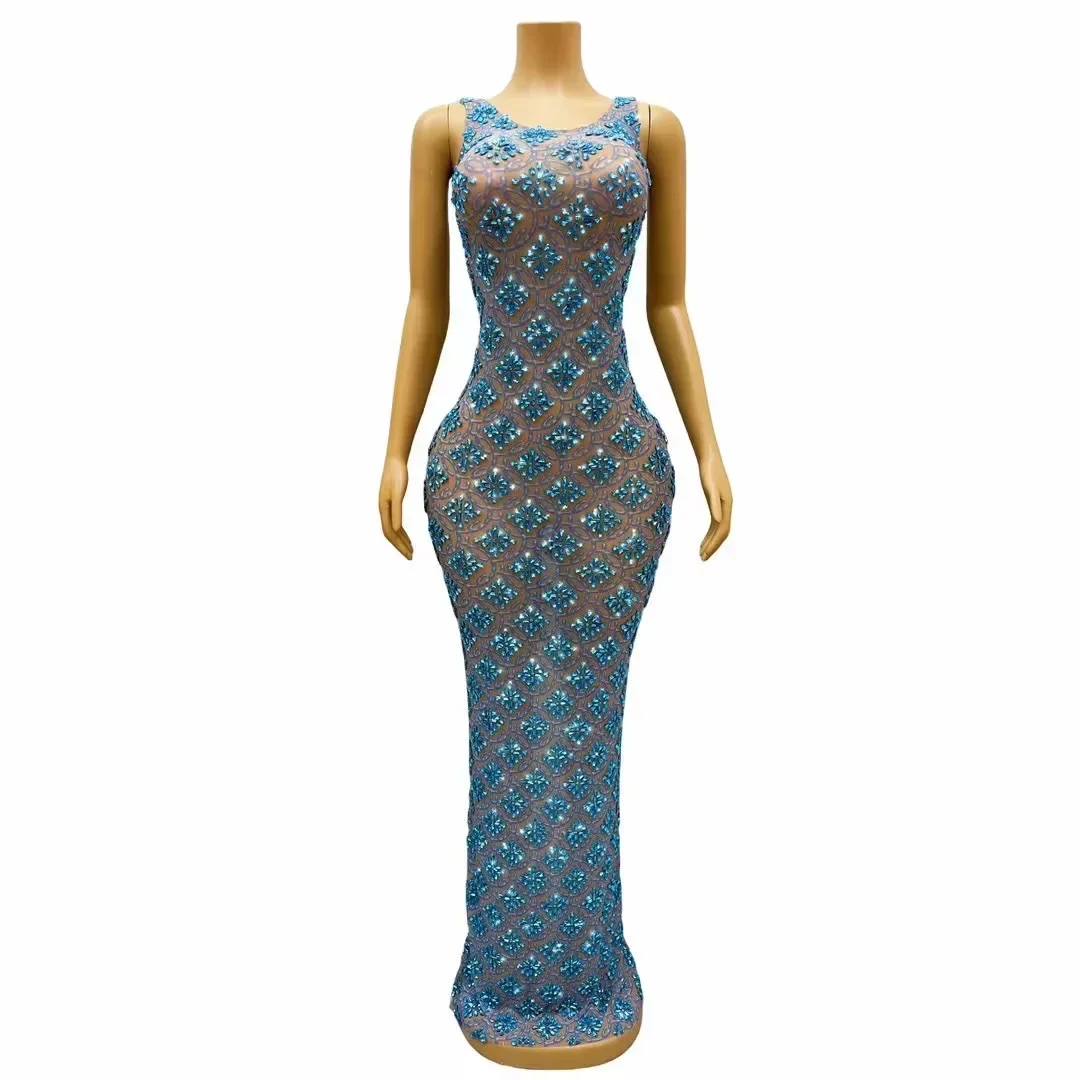 Blue Mesh Celebrate Evening Birthday Party Dress Photograph Wear Stage Costume Sparkly Rhinestones Sleeveless Long Dress