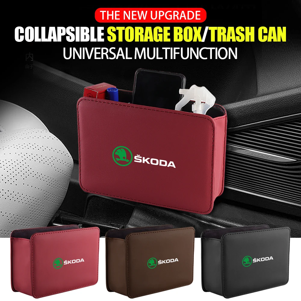 Car Door Storage Box Leather Seat Backrest Storage Box Trash Can Bag Storage For Skoda Kodiaq Octavia Yeti Karoq Rapid Fabia VII