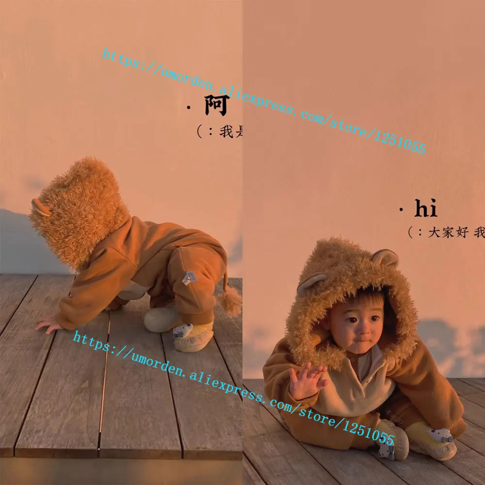 Umorden 겨울 작은 사자 Rompers 아기 소년을위한 아웃웨어 의상 유아 점프 슈트 후드 0-24M 2-3T 할로윈 Purim 멋진 드레스