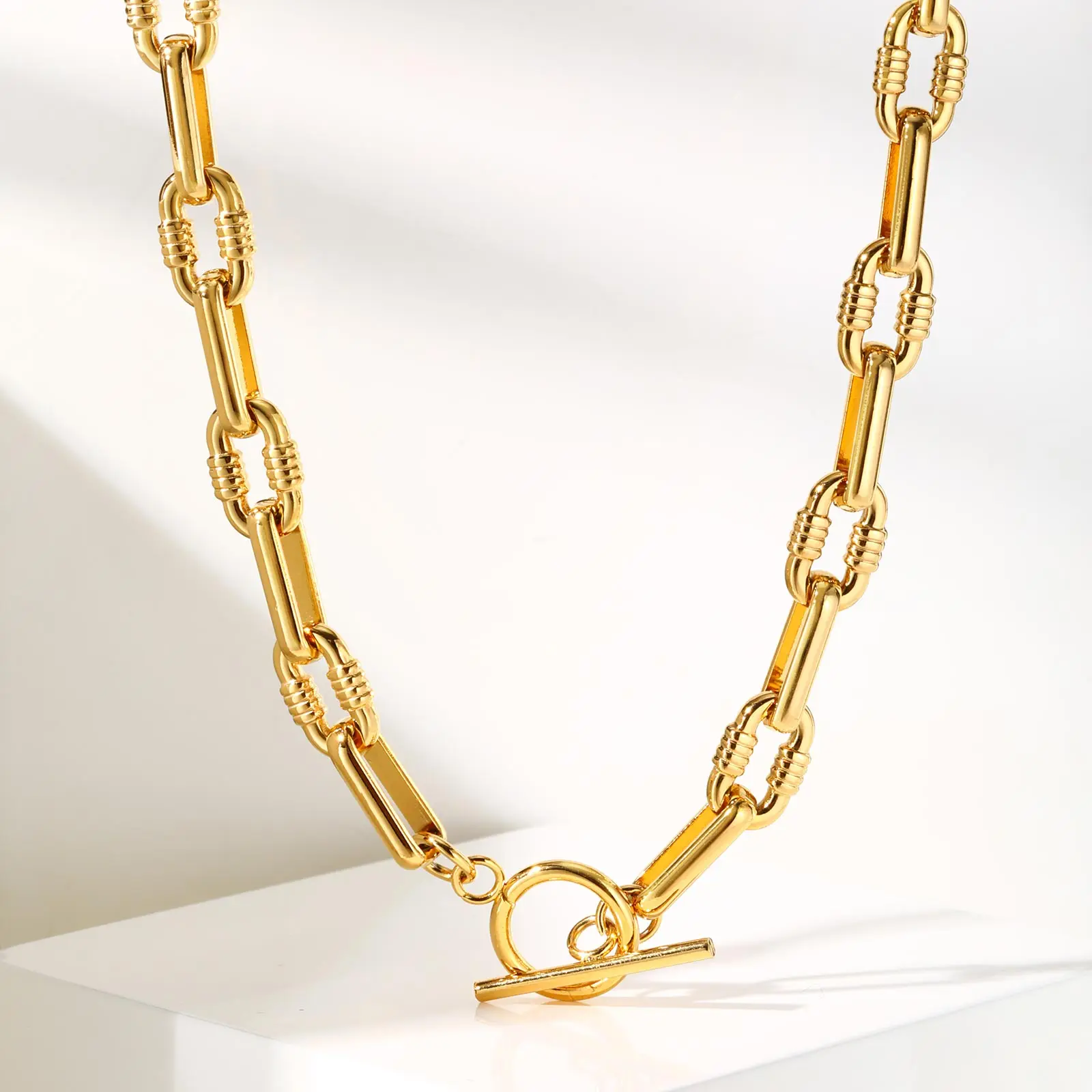 Chunky Oval Handmade Chain Necklace,18K Gold Plated Toggle-clasps Necklaces,Stainless Steel Jewelry Gift