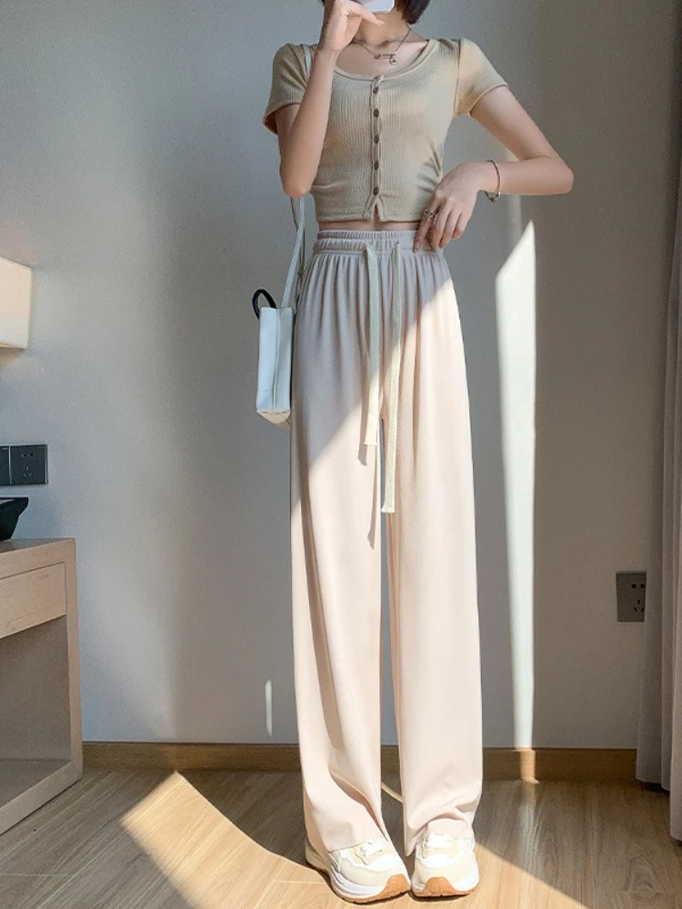 Frühling Sommer Damen Knöchellange Weite Hosen Lässige Elastische Taille Lose Eisseide Hosen Damen Freizeithosen Kleidung