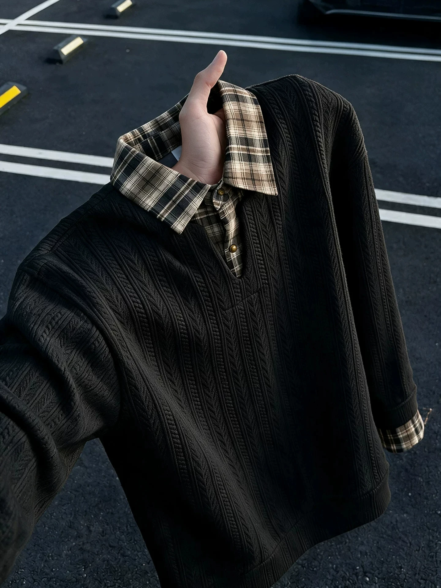 Men's  Shirt Hoodie Long Sleeve Texture Plaid Flip Collar Jacket Autumn Casual Style Regular Fit No Brand Registered Trad...