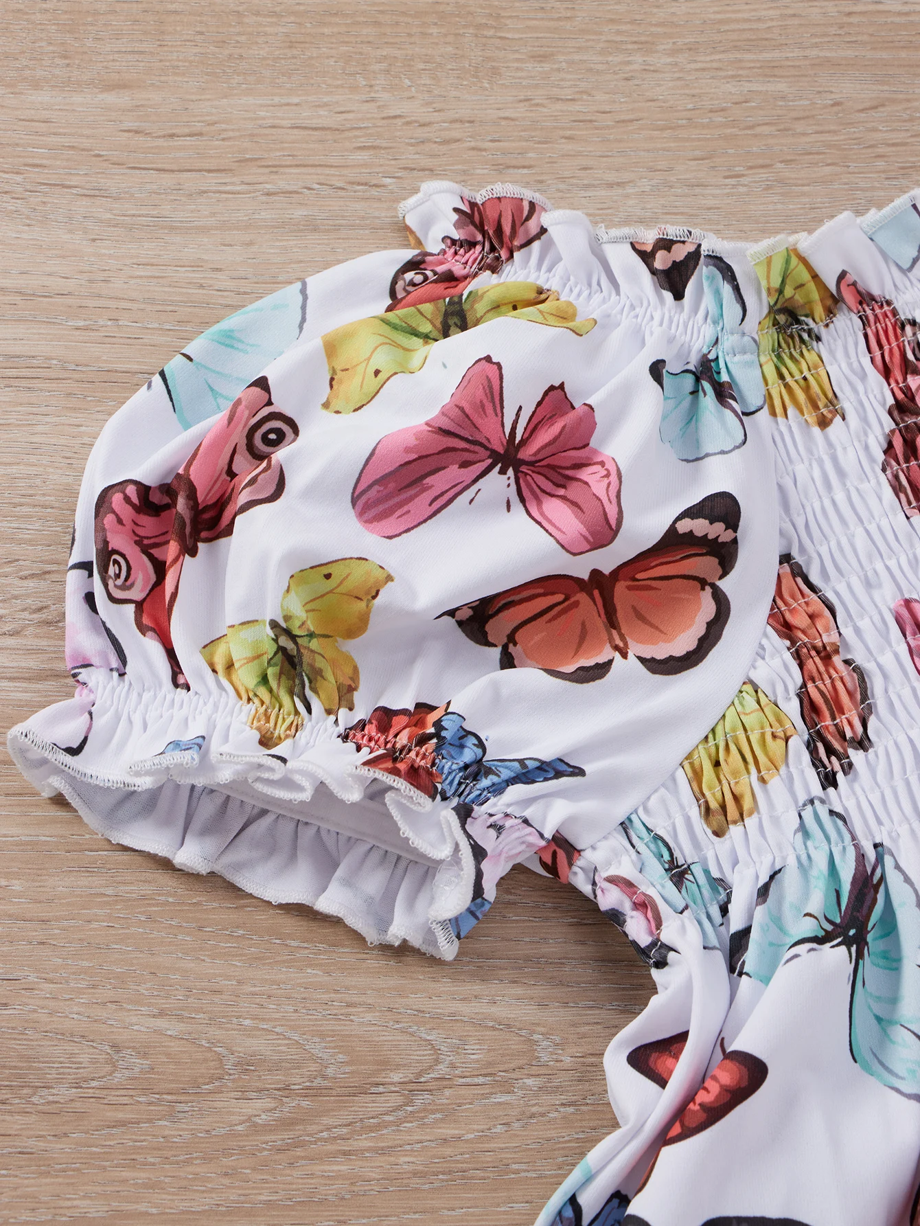 Spring colorful butterfly print girls\' dress - comfortable short sleeves and pleated neckline design