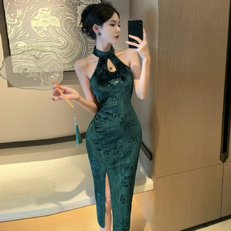 فستان حفلات مثير على الطراز الصيني بدون أكمام باللون الأخضر الزمردي غمد بفتحة عالية فستان Pleuche عتيق ميدي Bodycon Vestidos #2