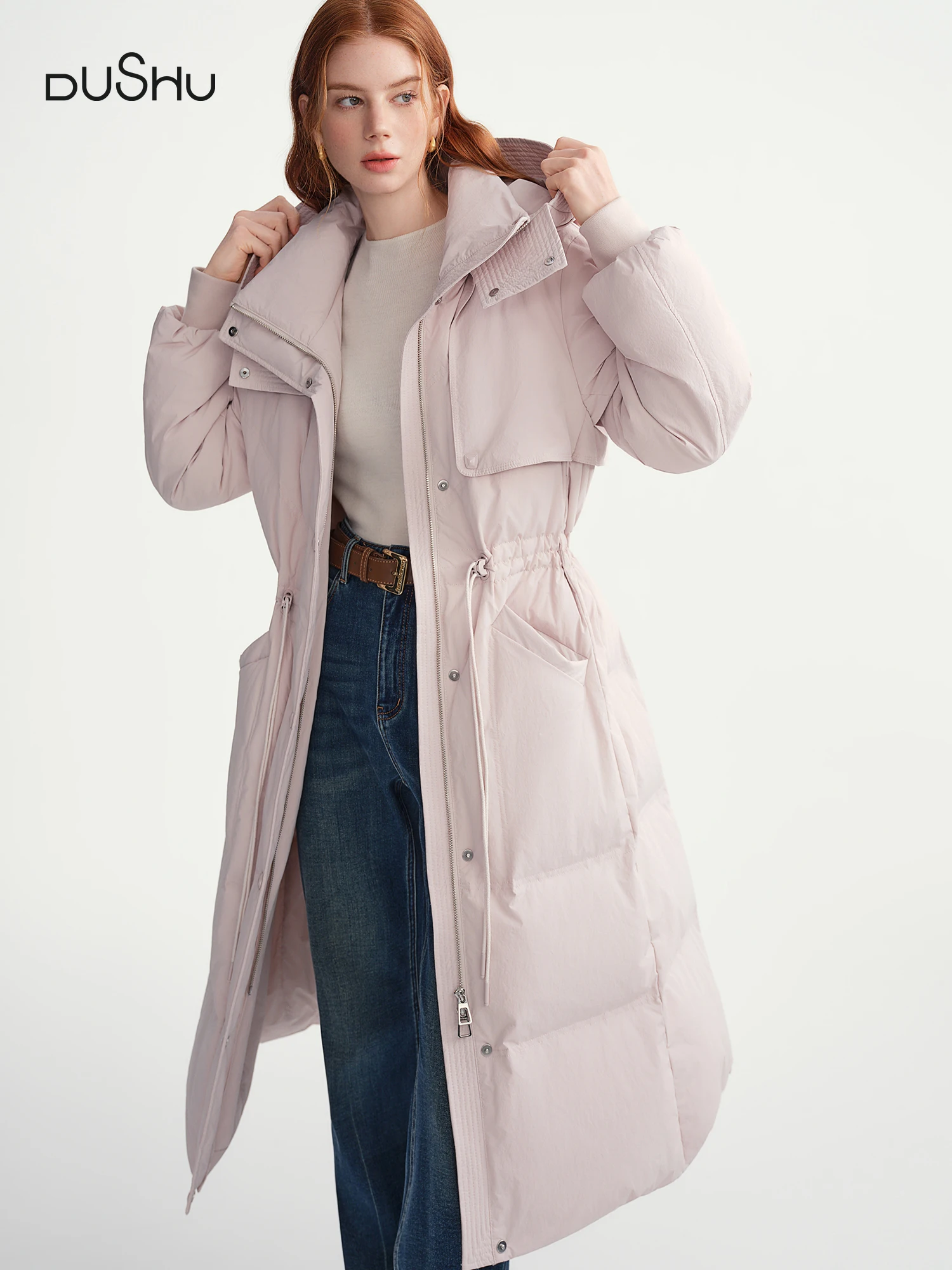 DUSHU 2025 Plus Women's Long Puffer Coat Hooded Belted Waist Down Jacket Slim Fit Winter Warm Thermal Parka Trench Overcoat