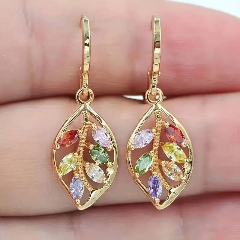 

Women's Fashion Shiny Colorful Zircon Drop Earrings Multicolor Stone Leaf Rose Gold Color Charming Dangle Earring Jewelry