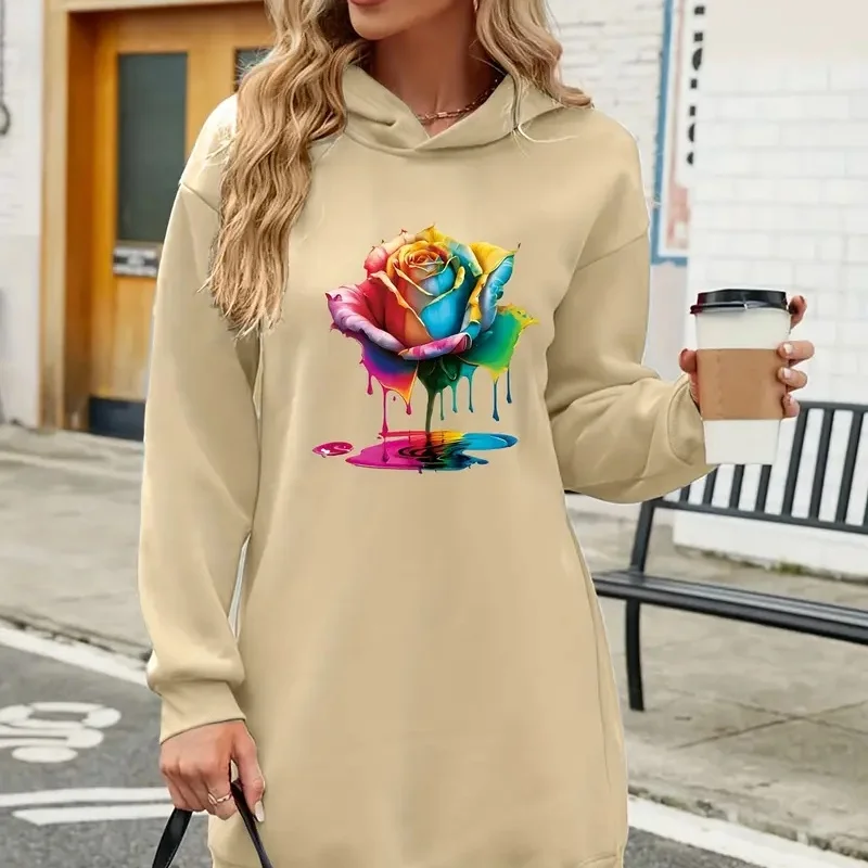 2025 Women's Floral 3D Pattern Hoodie Dress - Beige, featuring pink and blue floral prints, with a flowing long skirt