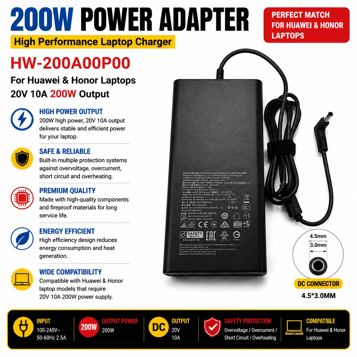 Original 20V 10A 200W HW-200A00P00200W AC Adapter FOR HUAWEI magicbook pro16 V700 Power Supply 4.5*3.0MM