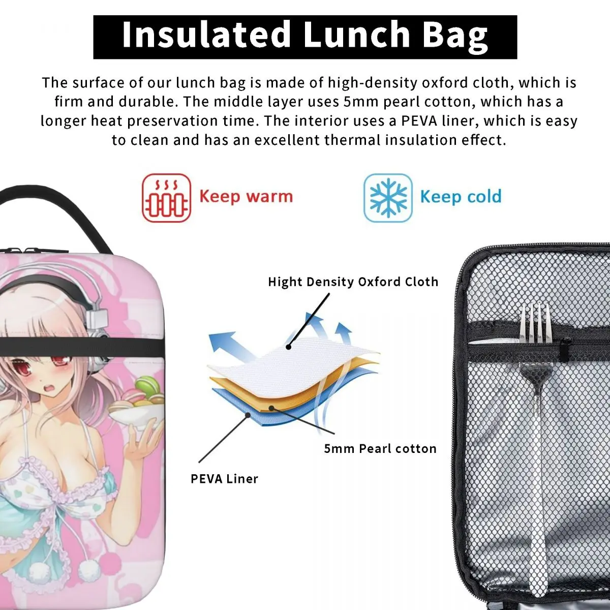Cartoon Super Sonico Game Cute Girl Insulated Lunch Bag for Women Kids Portable Food Boxes Thermal Lunch Box Tote