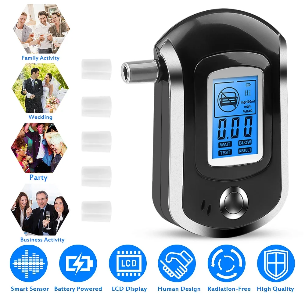 Portable Digital LCD Breath Alcohol Detector Breathalyzer Alcoholmeter with 5 Mouthpieces Battery Replaceable