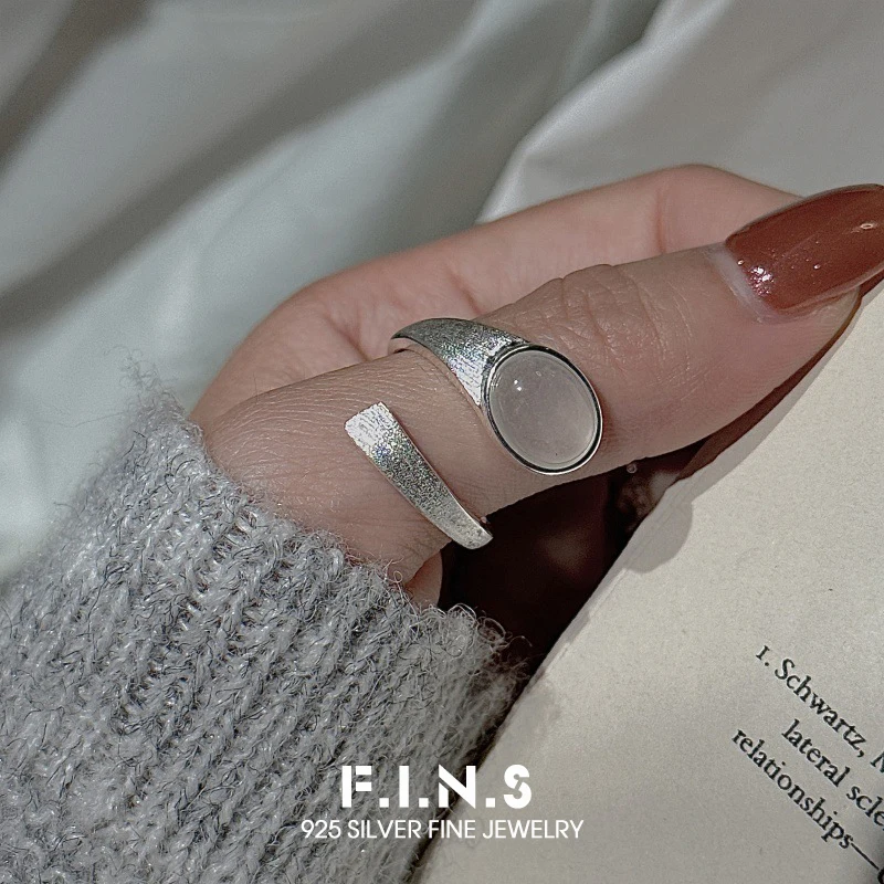 

F.I.N.S Original S925 Sterling Silver Jade Stone Rings Korean Style Brushed Overlap Adjustable Index Mid Finger Band Fine Jewels