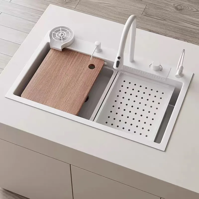 

Stainless Steel White Kitchen Sink Large Single Bowl Waterfall Faucet Veggie Wash Basin Dishwashing Pool