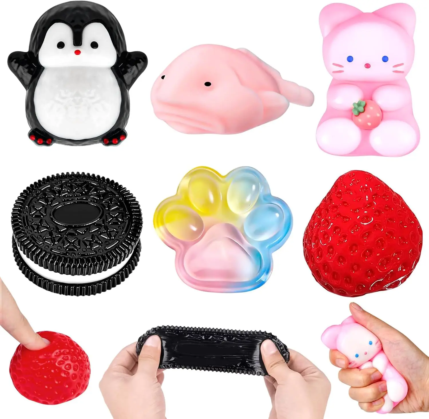6Pcs Taba Squishy Set,Strawberry Squishy Fidget Toys for Kids Adults,Fufu Squeeze Squishes Kit Cookie Penguin Squishy Cat Paw