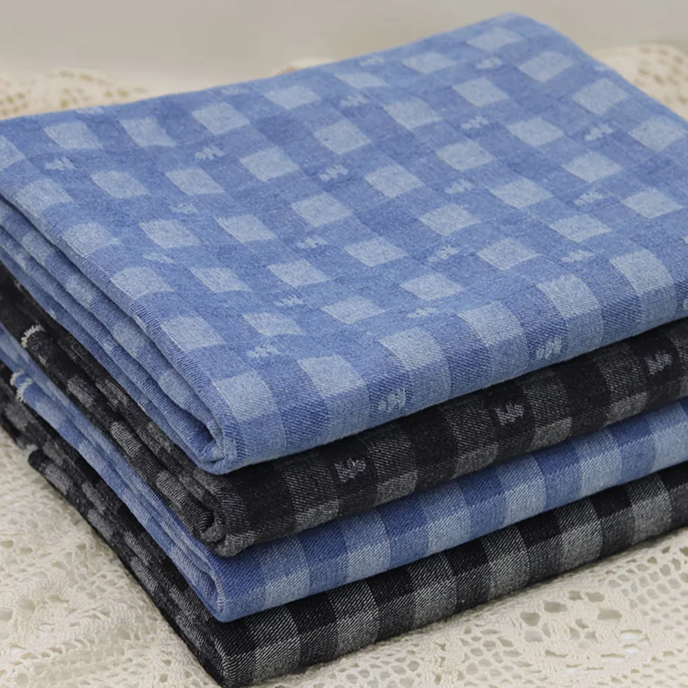 Checkered Jacquard Washed Denim Fabric DIY Sewing Luggage Jean Outerwear Dress Clothing Fabric