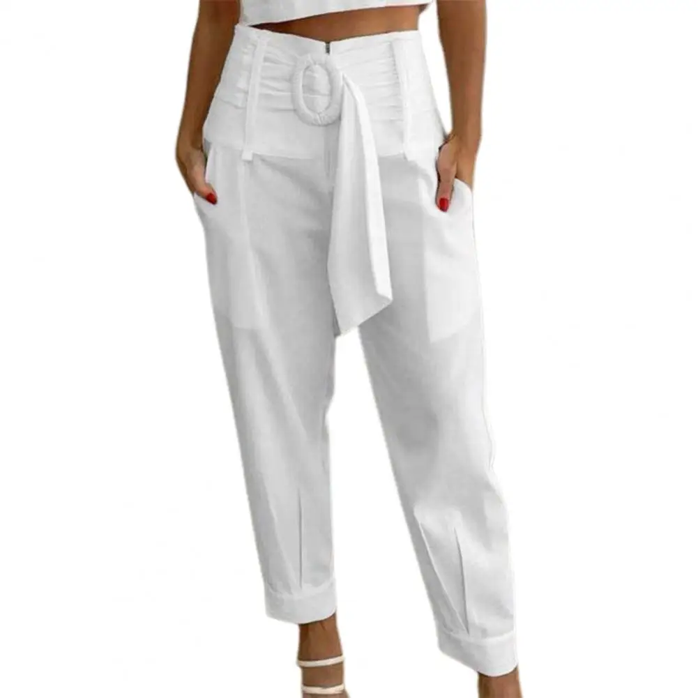 Ladies Long Pants With Pockets Elastic Waist Wide Leg Ninth Pants Casual Wear Temperament Women Fashion Loose Linen Trousers