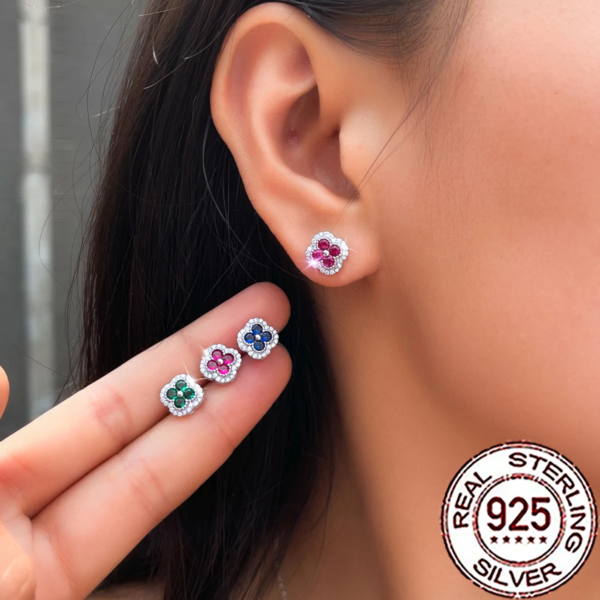 

QooLady 925 Sterling Silver Lovely Sweet Colorful Flower Four Leaf CZ Stud Earrings for Girls Birthday Party Jewelry Gifts SE178