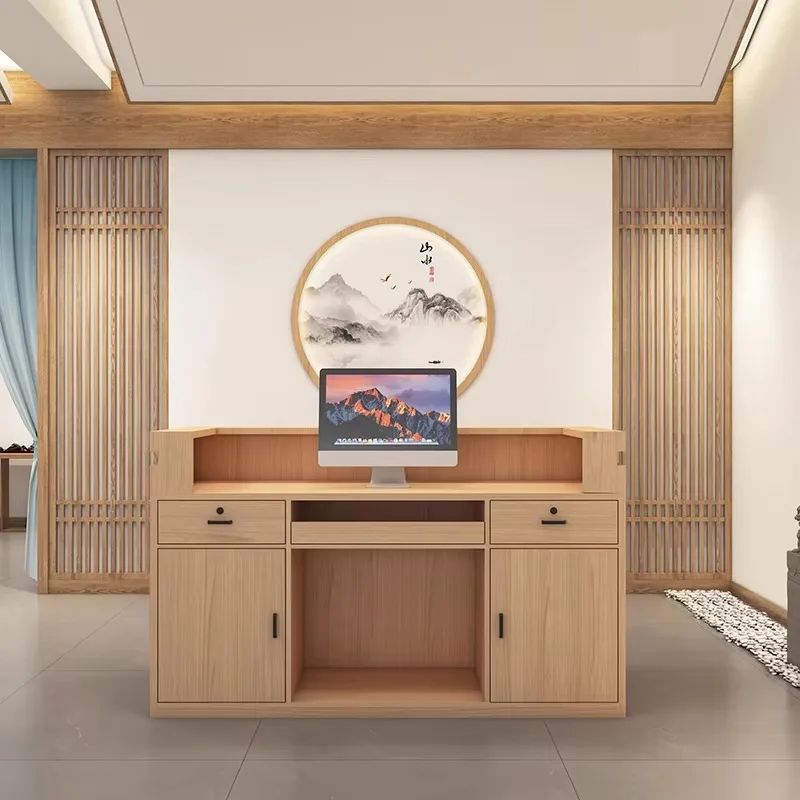 مكاتب استقبال خشبية رخيصة الثمن فاخرة وحديثة باللون البني أفضل مكاتب استقبال بأدراج حديثة طويلة وأثاث استقبال كلاسيكي Mostrador #5