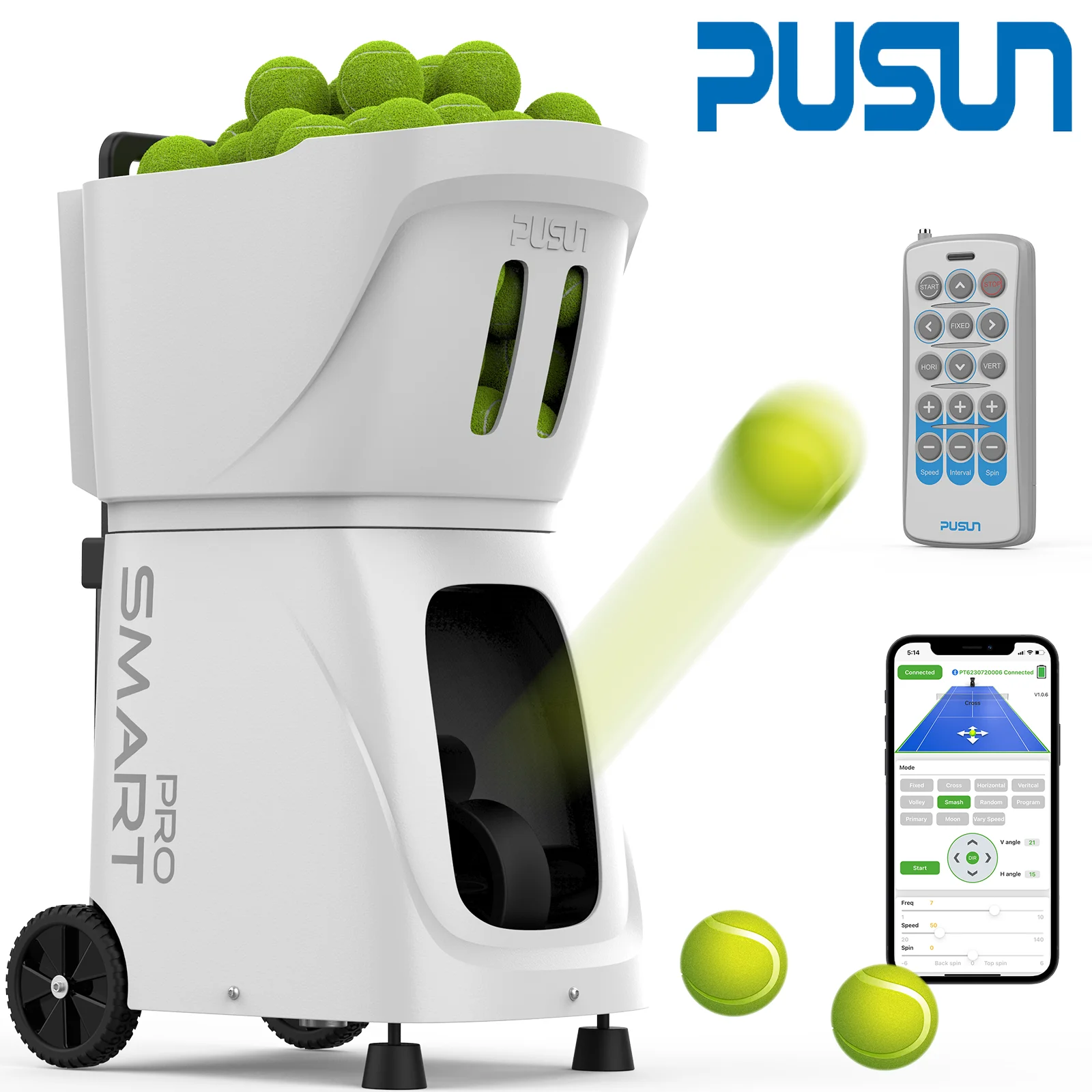 PT-Smart Pro Tennis Ball Machine, 100+Ball Capacity, Support App and Remote Control, 20 Landing Points Self-programming