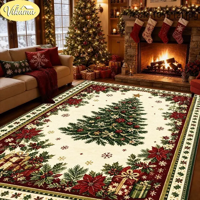 VIKAMA Retro Christmas Tree Rug Durable Non-Slip Indoor Area Rug Living Room Bedroom Festive Party Home Decor