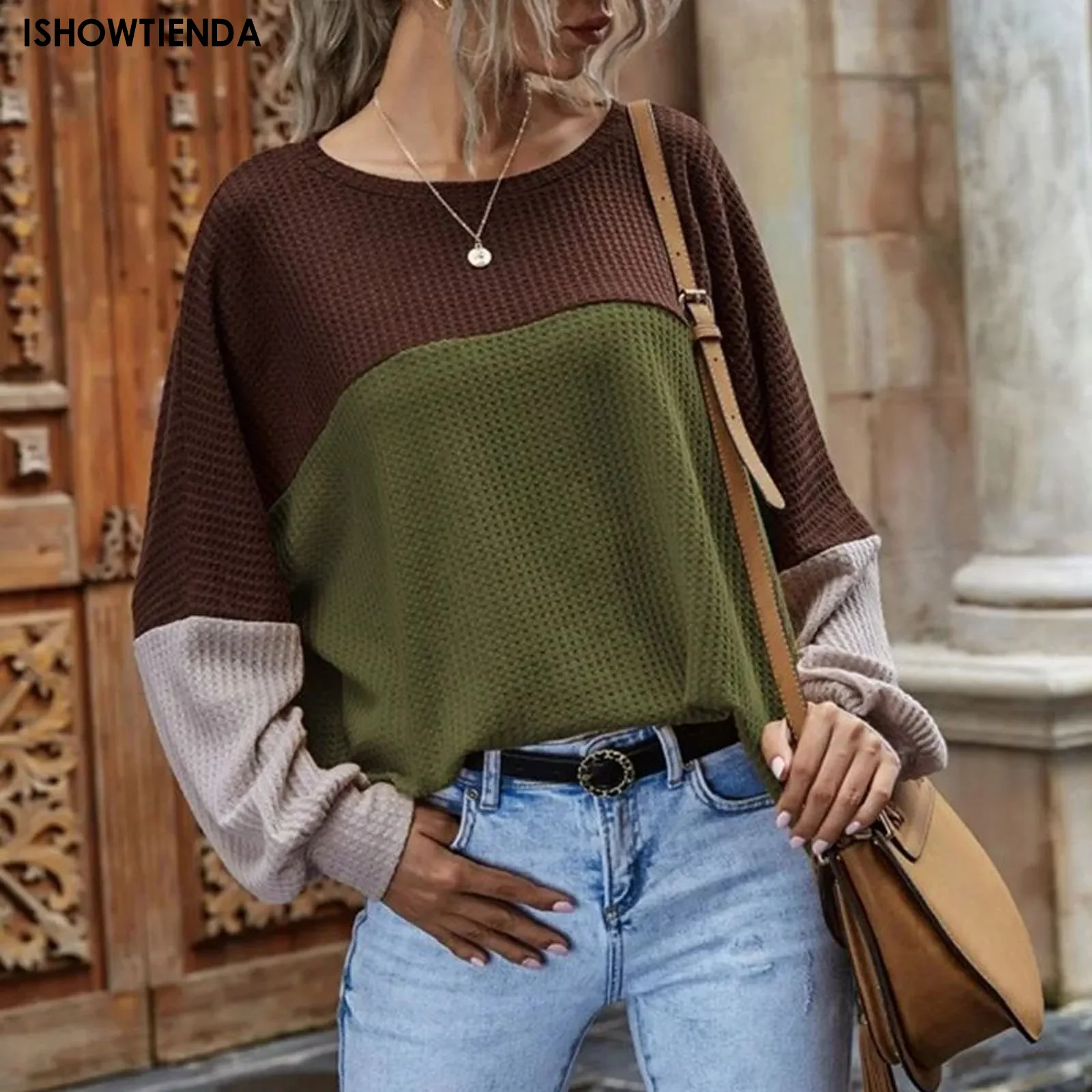 

Women's Long Sleeve T-shirts Top Colorblock Round Neck Drop Shoulder Slight Stretch Tee Fashion Casual Shirts Blouse Tops