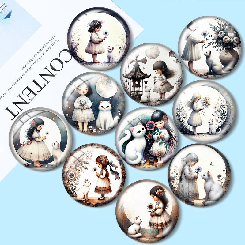 

Girl with Cats 10pcs 12mm/18mm/20mm/25mm Round photo glass cabochon demo flat back Making findings