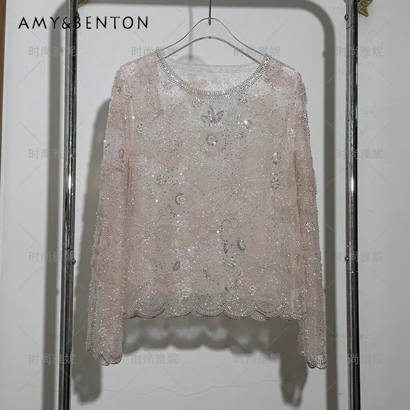 

Женская блузка с цветочным узором, бабочками, пайетками, бисером и кружевом, с длинными рукавами, круглым вырезом, сетчатая, элегантная, универсальная, для повседневной носки и вечеринок