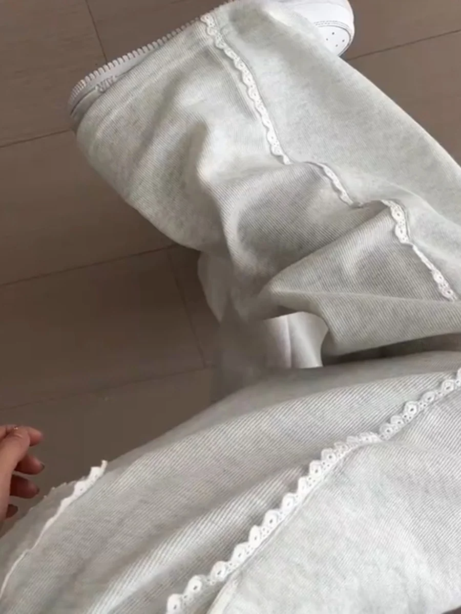 

Повседневные брюки с кружевной отделкой, женские брюки с высокой талией и широкими штанинами, удлиненные, прямого кроя, лето 2024, новый стиль, модные, стройнящие.