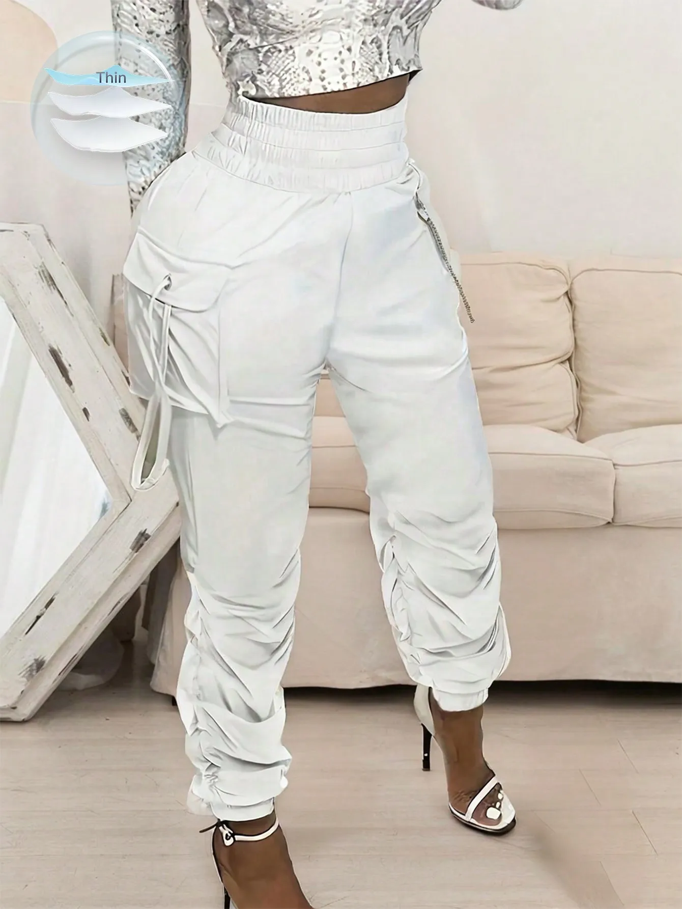 

Женские брюки-карго с высокой талией, 3D-карманами и эластичными манжетами