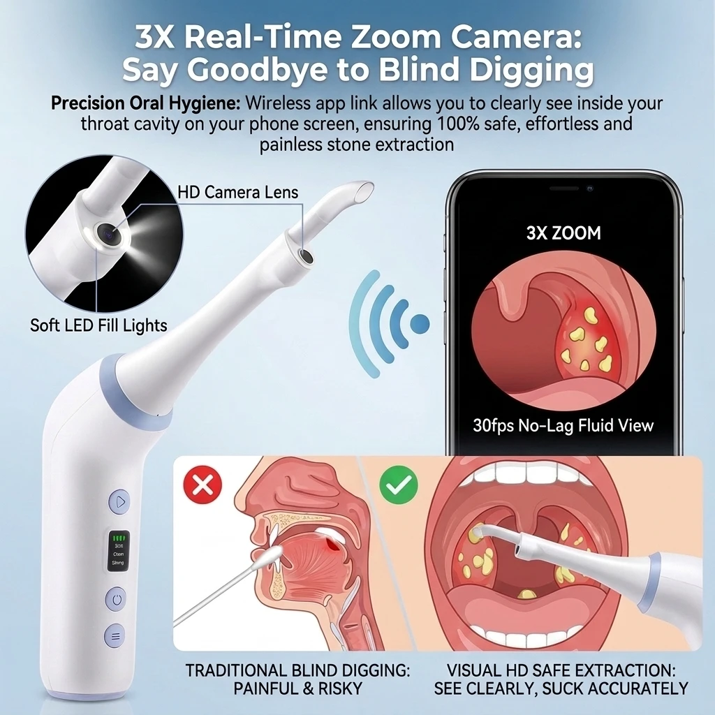 Visible Electric Tonsil Stone Remover Kit For Home Use Wireless Oral Care Cleaning Tool with 3 Suction Levels