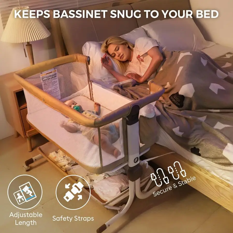 سرير بجانب السرير، سرير بجانب السرير ثابت مطور مع جوانب شبكية كاملة، ملاءة ناعمة، تعديل 6 ارتفاع، سلة تخزين، #5