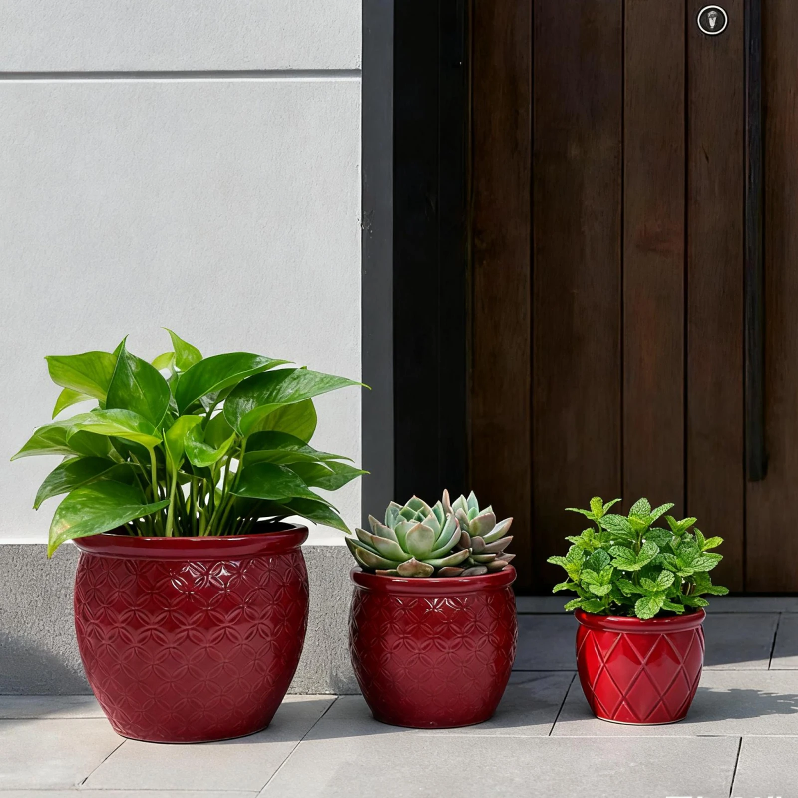 Handmade Ceramic Flower Pot Set of 3, 15/12/10 Inch Diameter, Deep Red with Floral Embossed Pattern, for Orchids Indoor/Outdoor