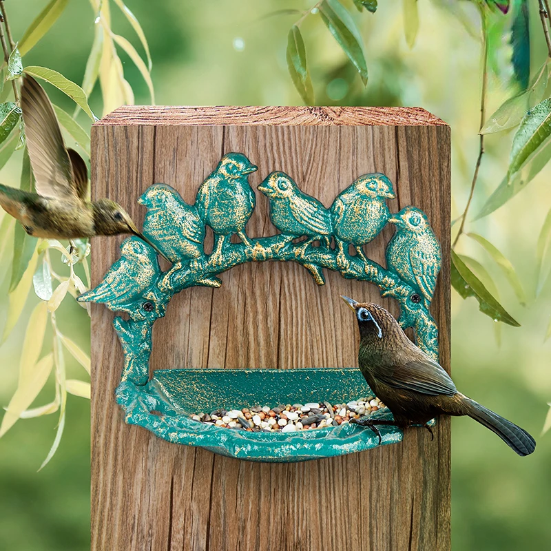 Cast Iron Wall Mount Bird Feeder Small Wild Birds Water Feeder Garden Backyard Patio Decor Six Birds Vintage Green Decor