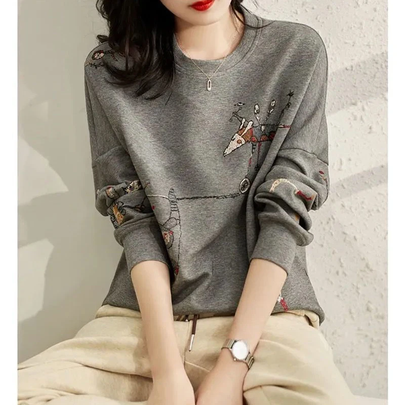 Women Korean Fashion Funny Embroidery Cotton Sweatshirt Simple Casual Chic Hoodie Female O Neck Long Sleeve Loose Pullover Tops