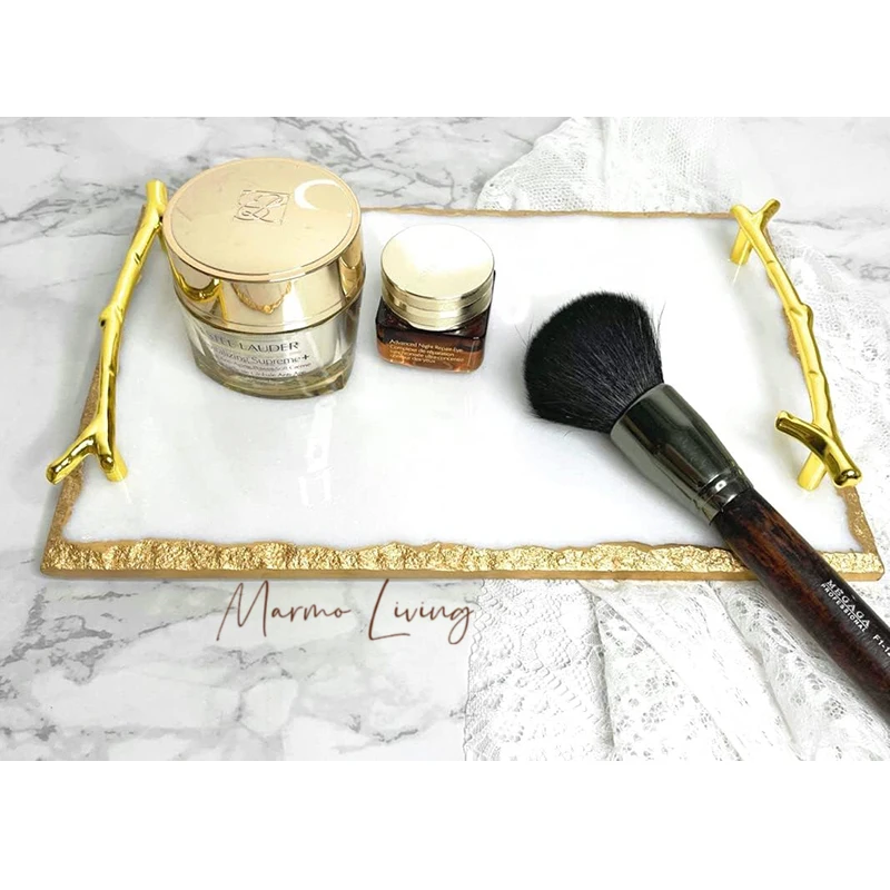 

Luxury Marble Tray with Gold Handles and Trim, Vanity Tray for Jewelry Display, Serving Tray for Counter Dresser Nightstand Desk