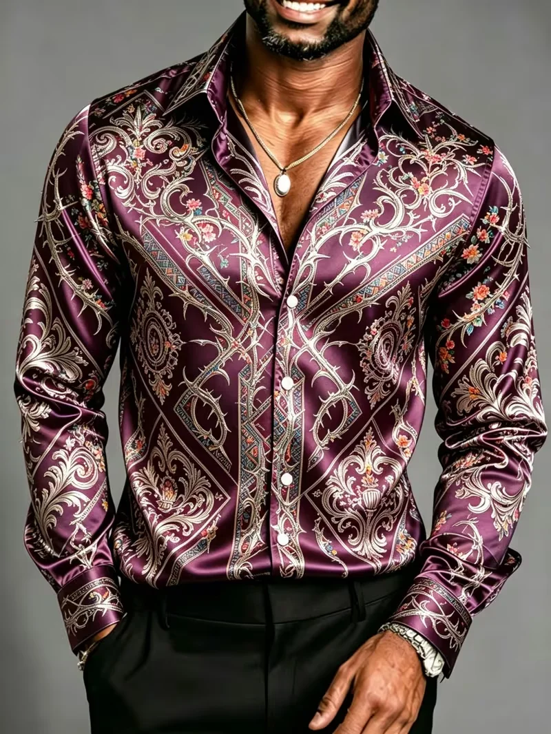 New Black Gold Contrast Blue Flower Vertical Stripe Printed Long Sleeve Shirt Satin Men's Business Top